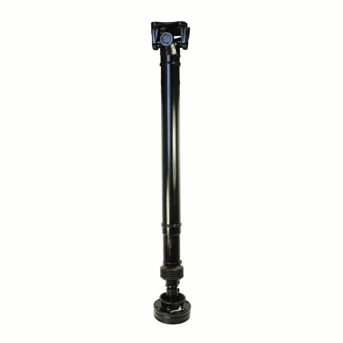 Front drive shaft with top universal joint and lower axle flange, black and silver