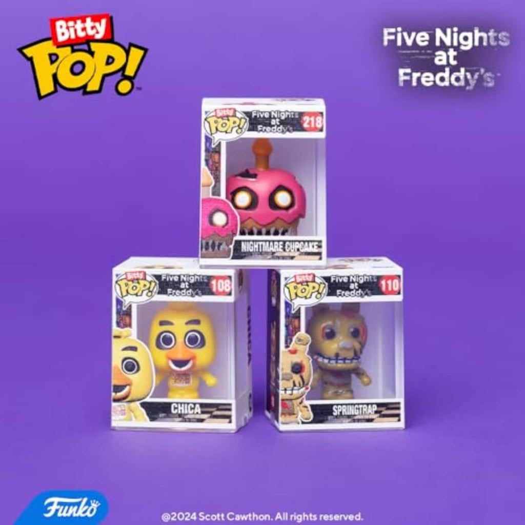 Three Bitty Pop! mini character boxes: Nightmare Cap, Chica, and Springtrap