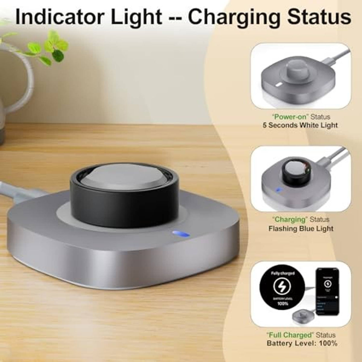 Gray charging dock base with top cradle and visible indicator light, USB-C connection