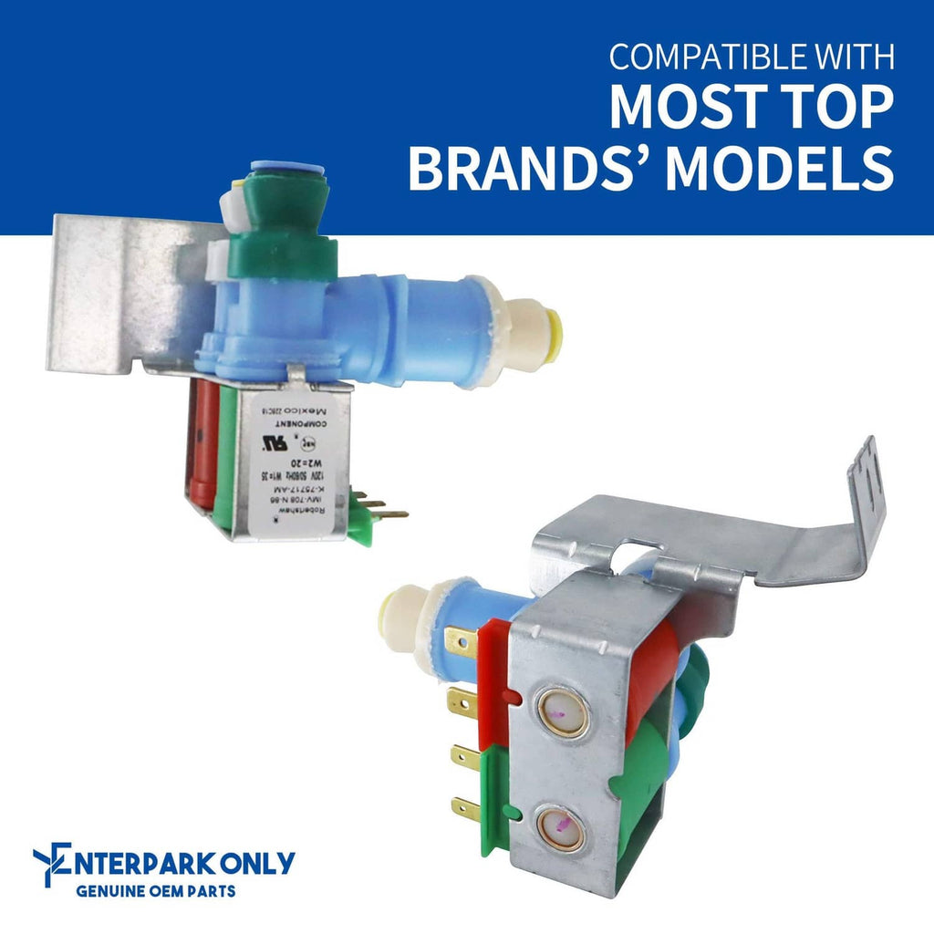 Water inlet valve with blue body, green and white connectors, and metal bracket