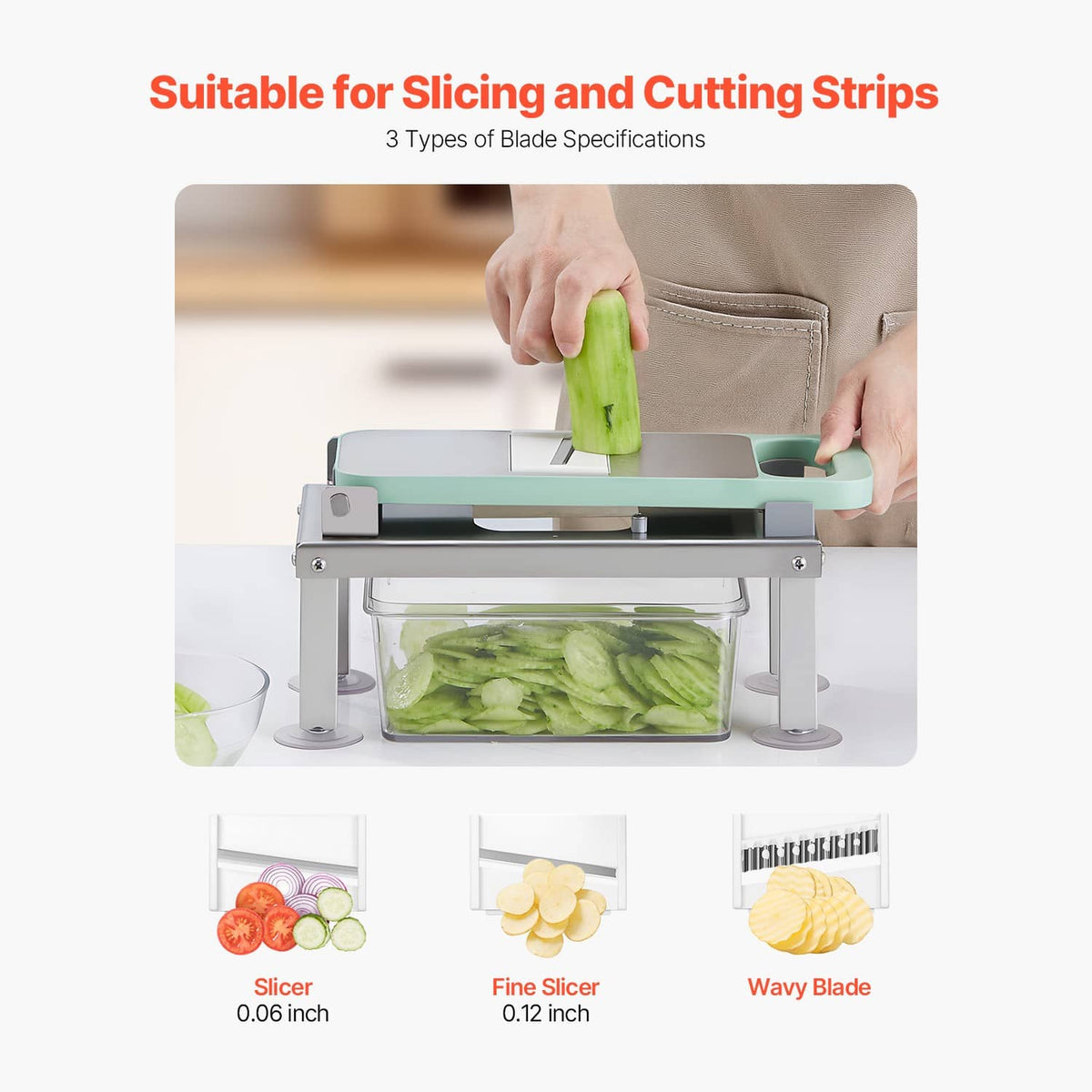 Vegetable slicer attachment for cutting strips with clear container and blade plate