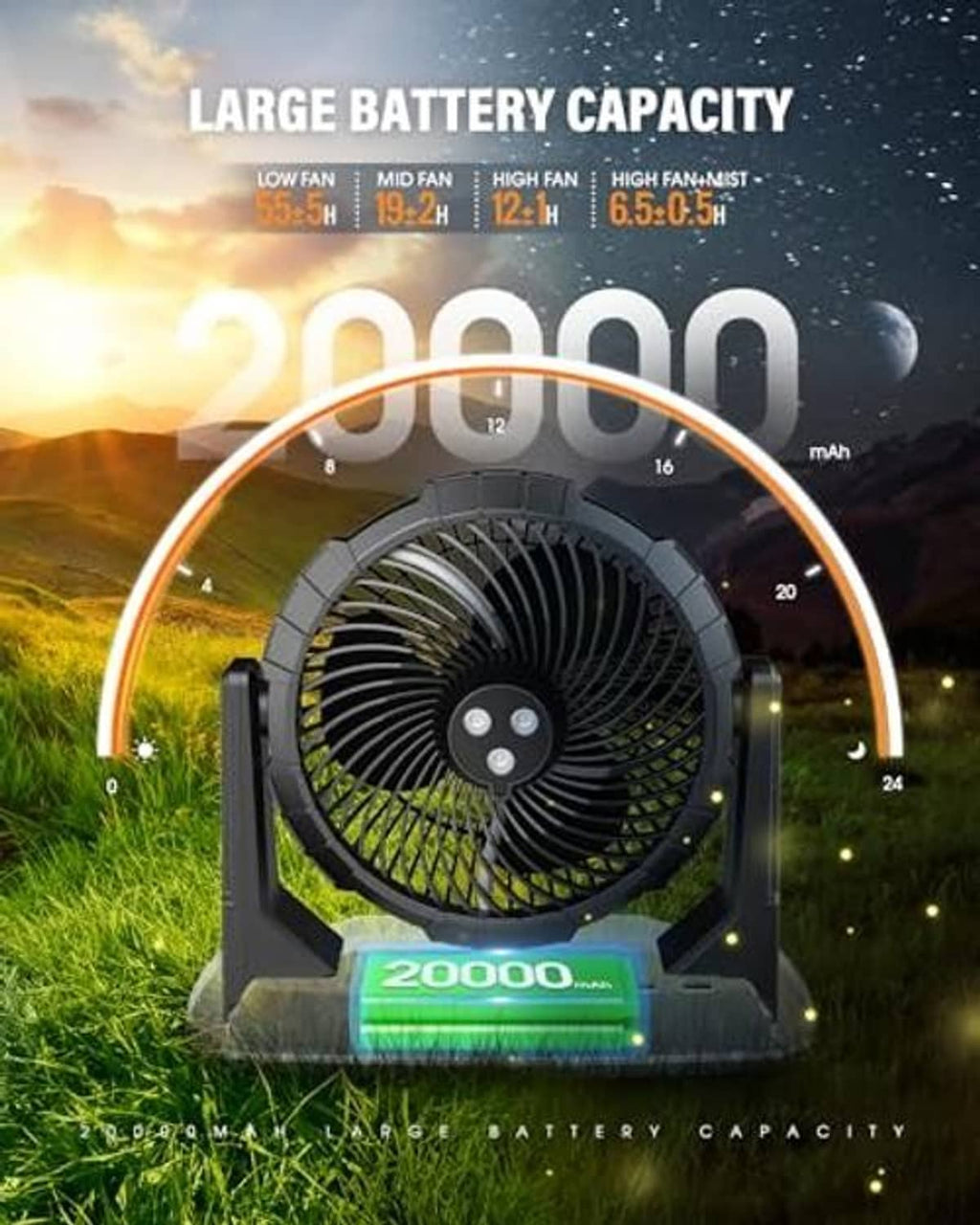 Black portable misting fan with water tank base and illuminated battery capacity