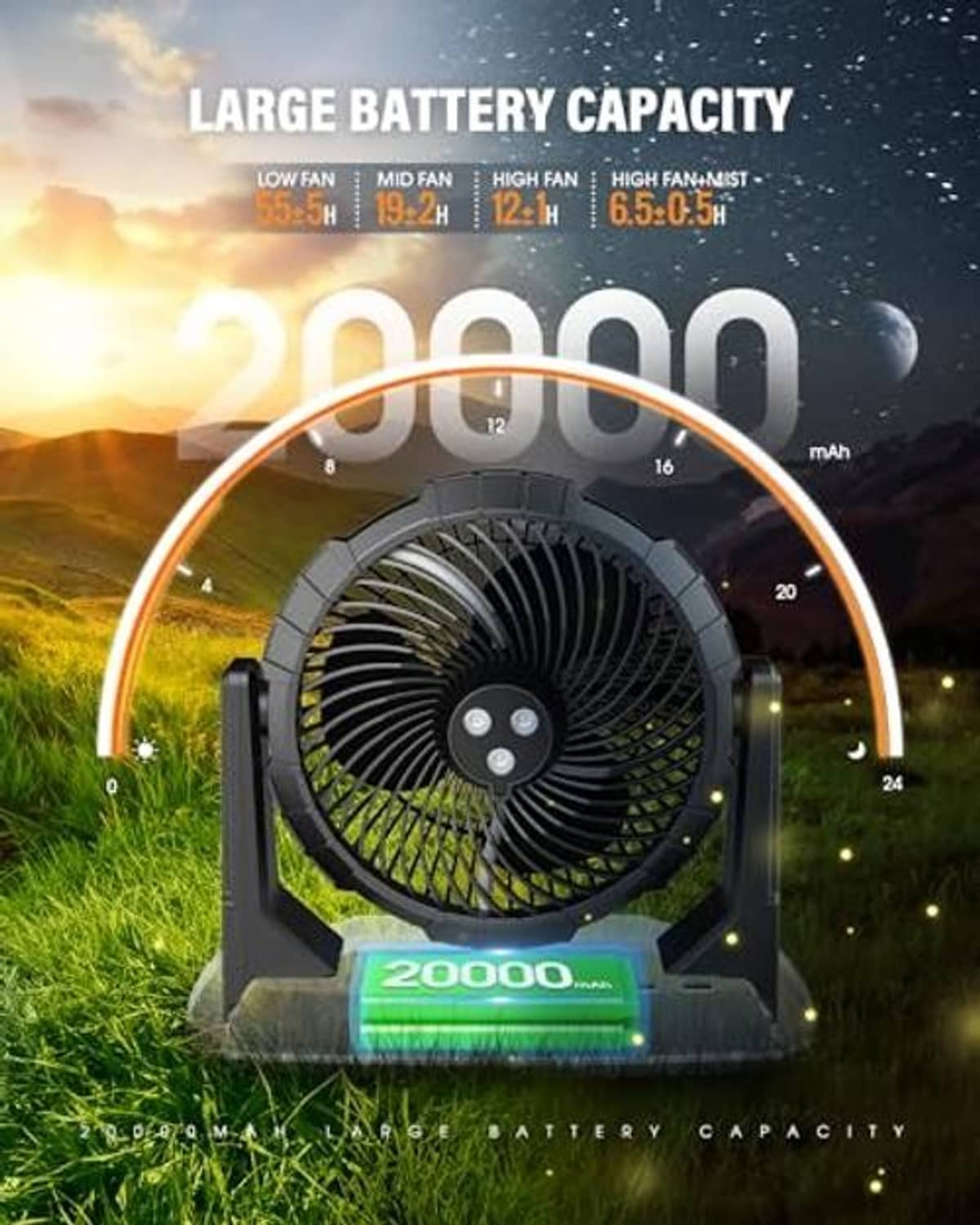 Black portable misting fan with water tank base and illuminated battery capacity
