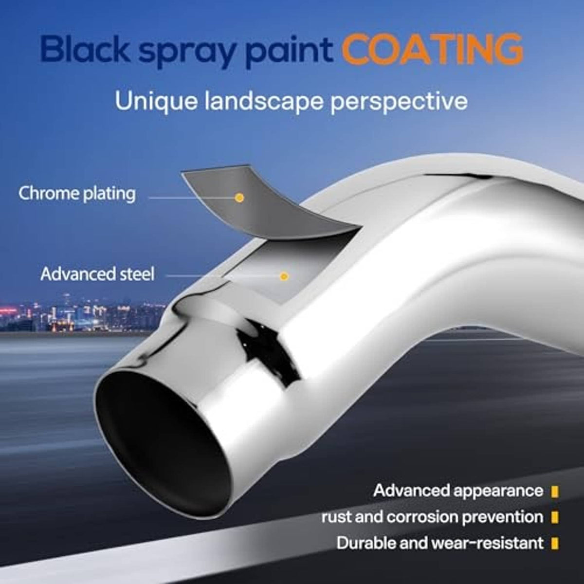 Chrome-finish silver exhaust elbow pipe with black outlet and smooth curved bend