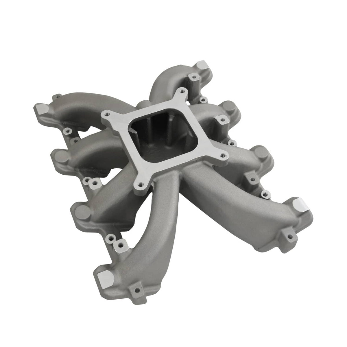 Single-plane intake manifold with curved runners and central square opening, gray cast metal