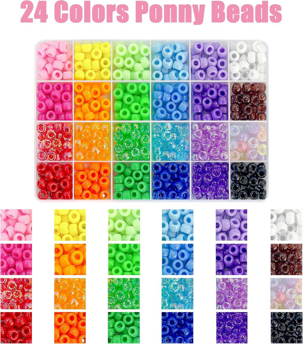 24-color pony bead set in a clear organizer, assorted round beads for jewelry making