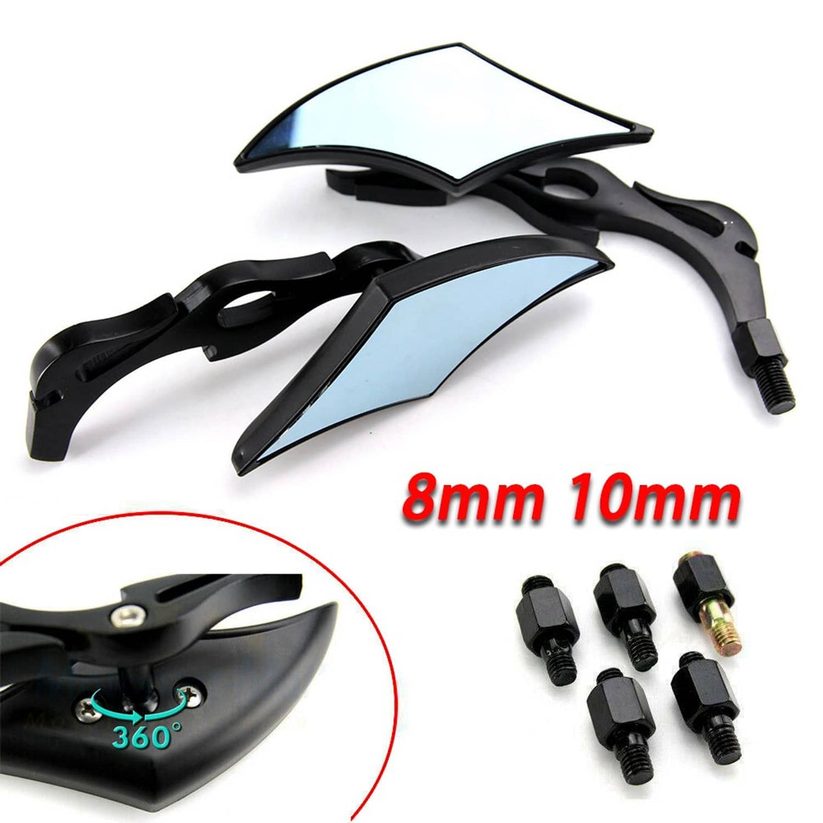 Motorcycle rearview side mirrors set with black arms and blue-tinted lenses