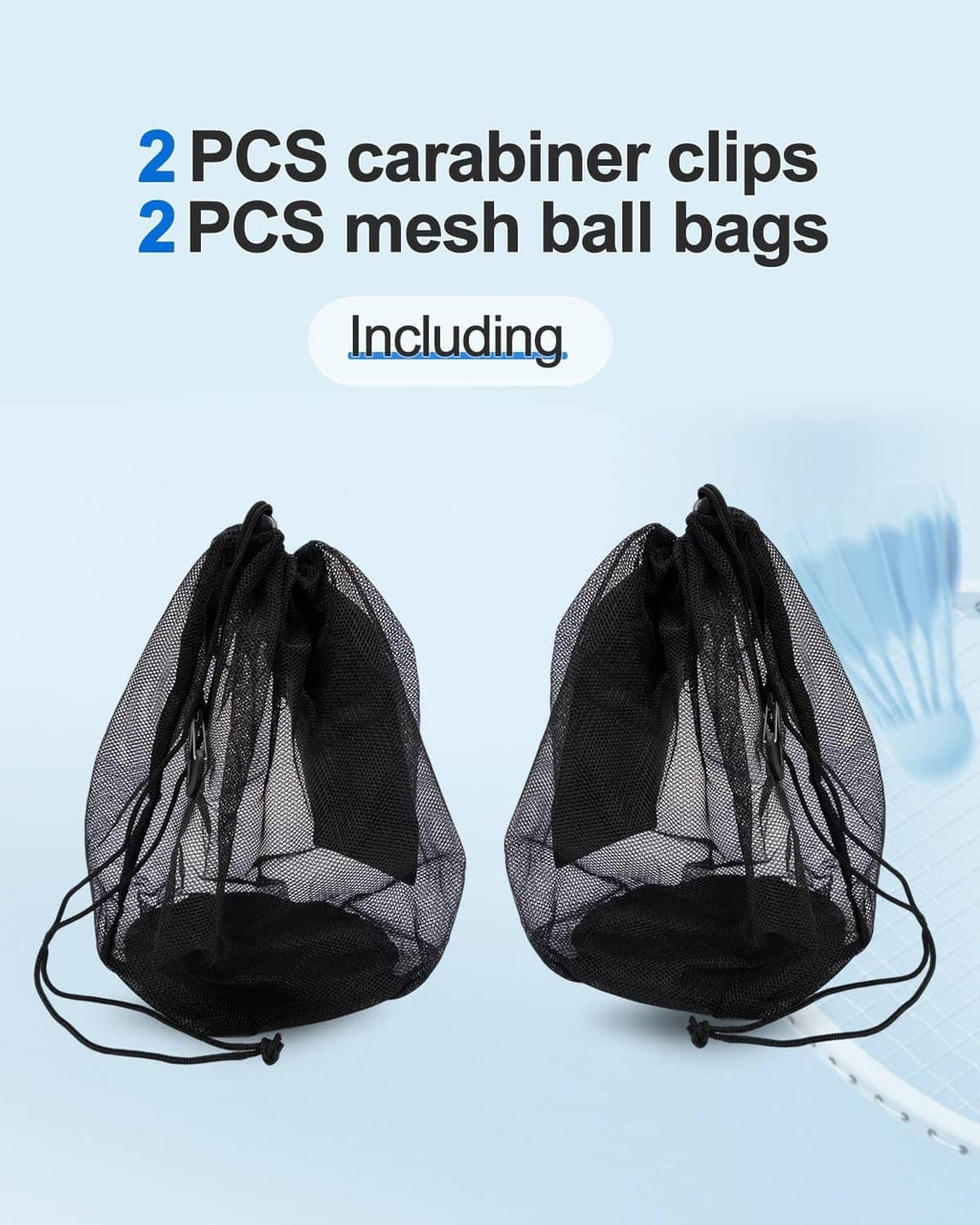 2-pack black mesh drawstring ball bags with carabiner clips