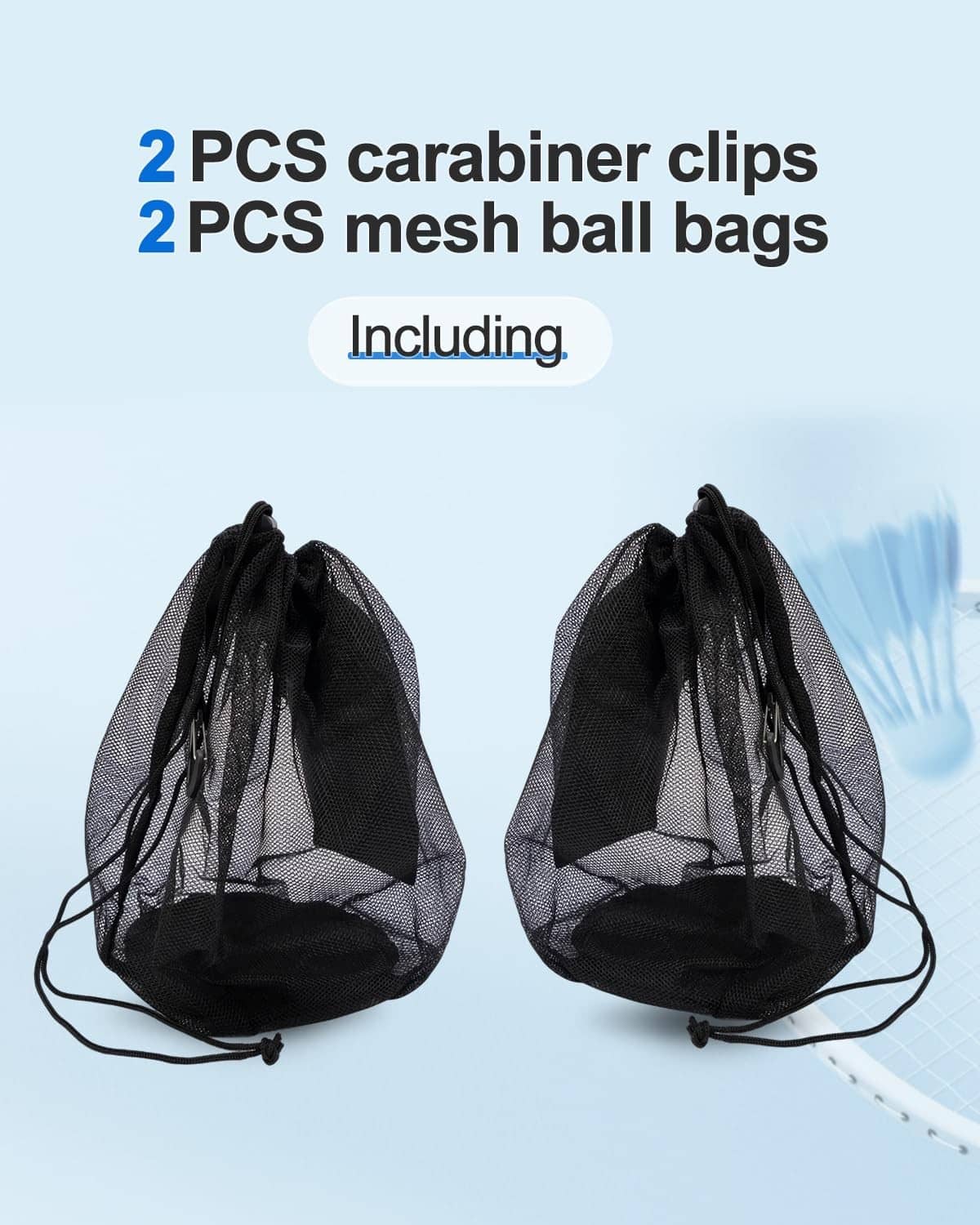 2-pack black mesh drawstring ball bags with carabiner clips