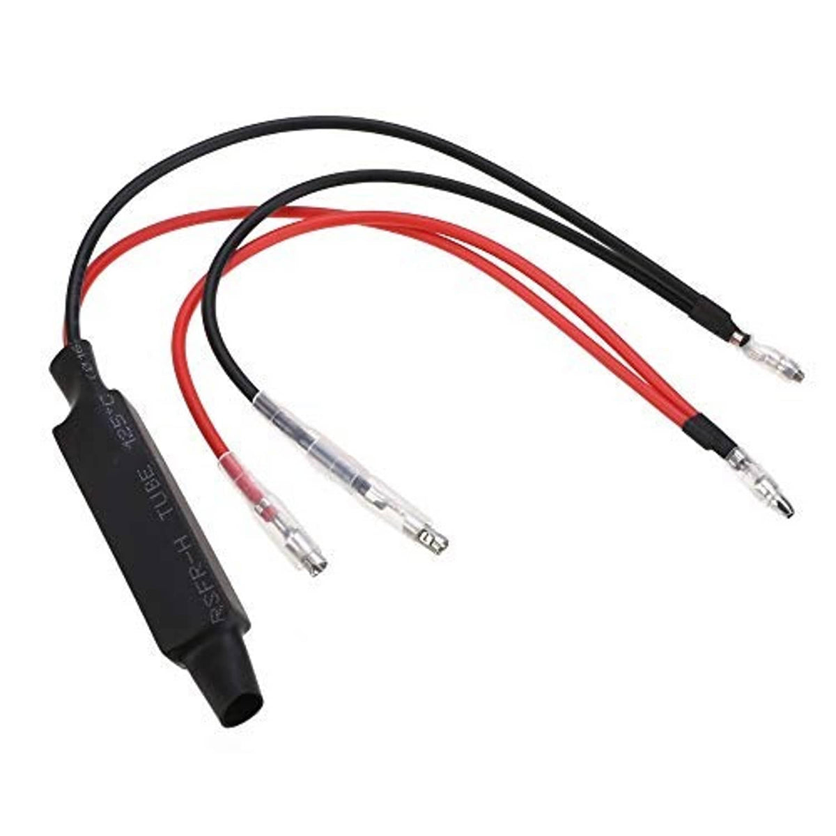 Pair of LED load resistors with black housings and red/black wires, clear connectors