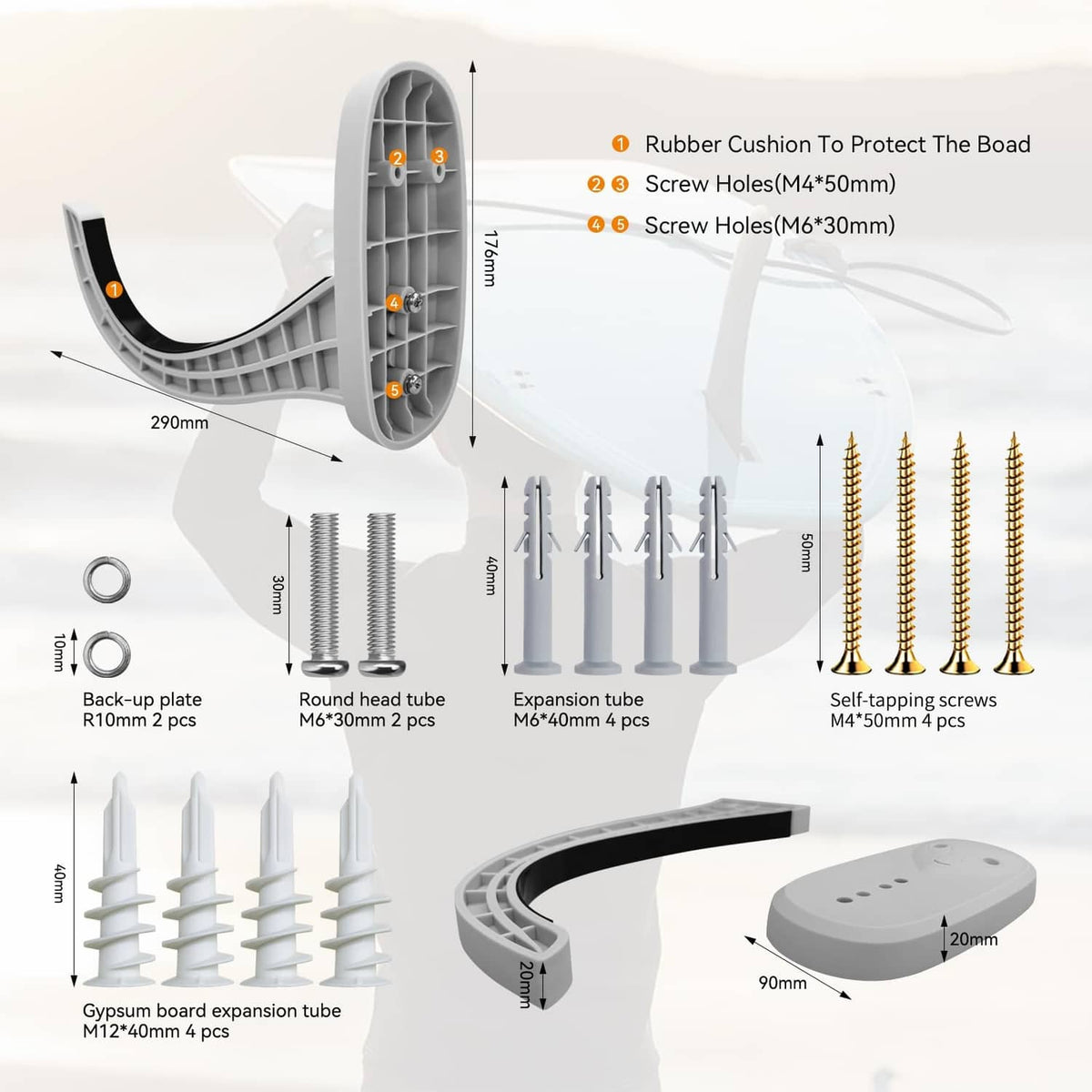 Gray wall-mount surfboard rack set with U-brackets, expansion tubes, and mounting screws.