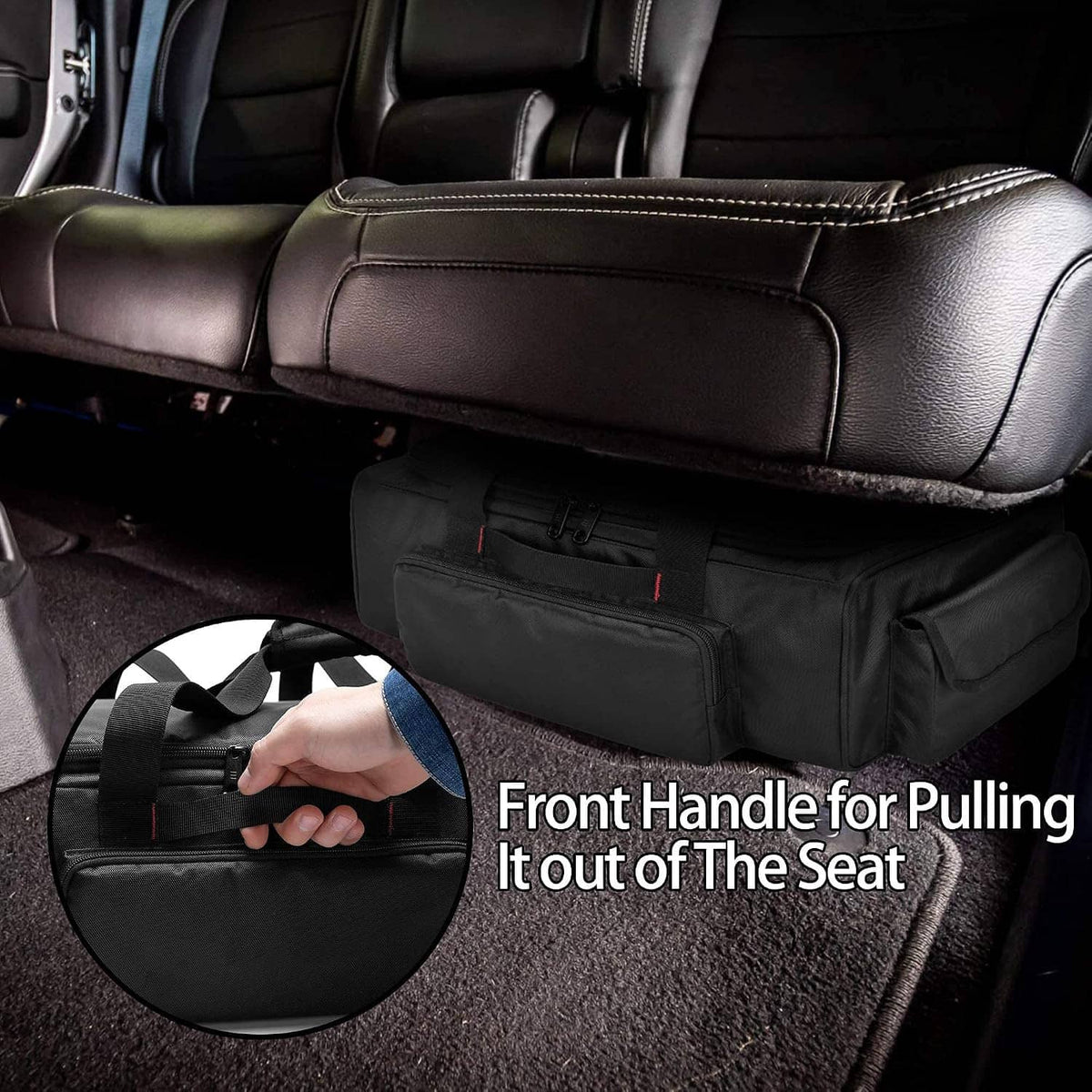 Black under-seat storage bag with front pull handle on truck interior