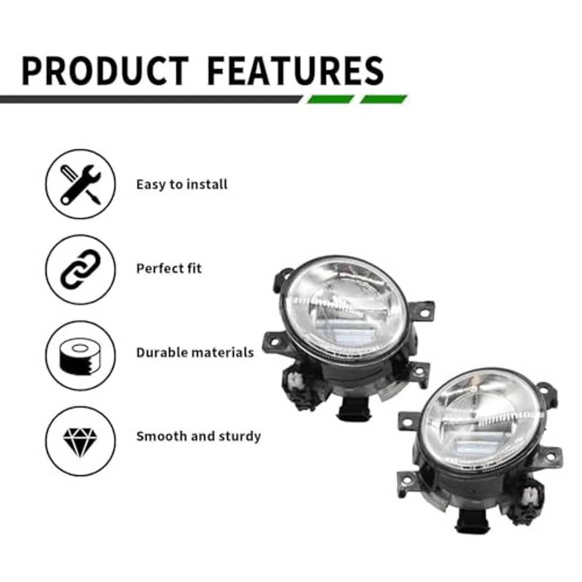Pair of round fog lights with clear lenses and black housings, mounting brackets attached