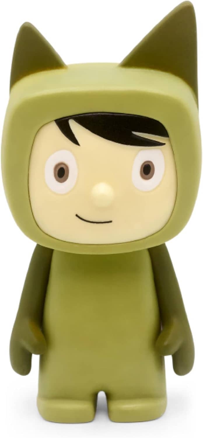 Green cat Tonie figurine close-up with hooded ears and smiling face
