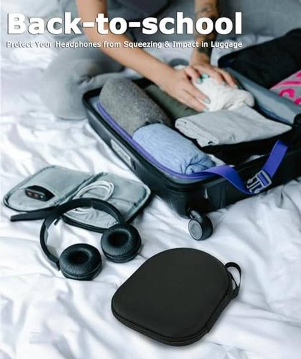 Black zip headphone case with spare ear cushions and cable accessories inside