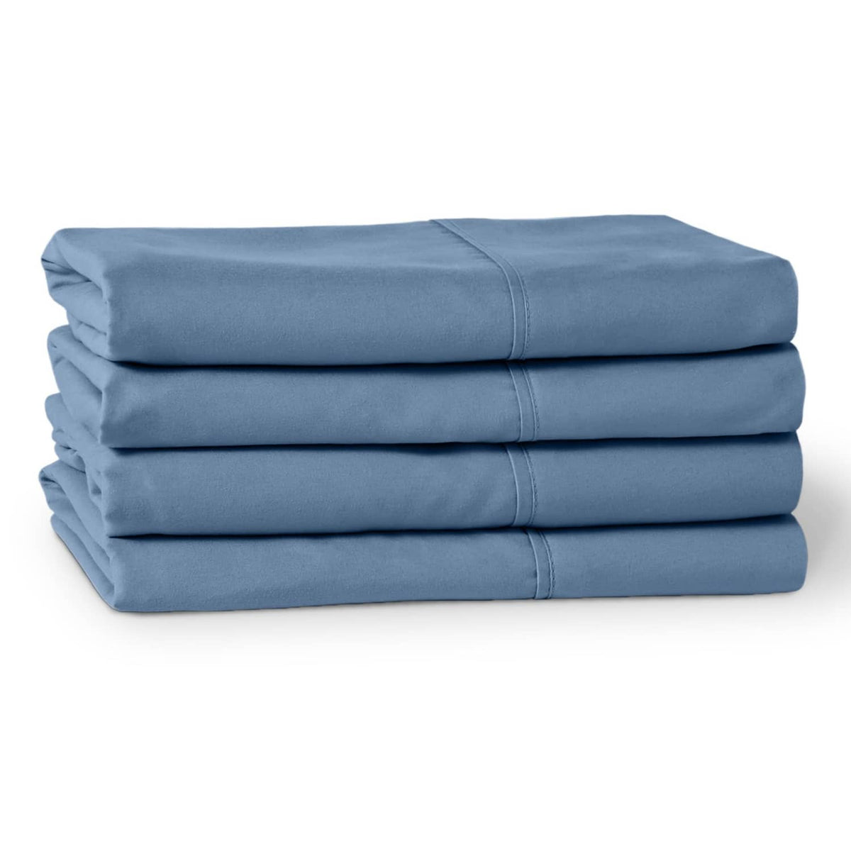 Stack of light blue pillowcases, neatly folded with stitched edges