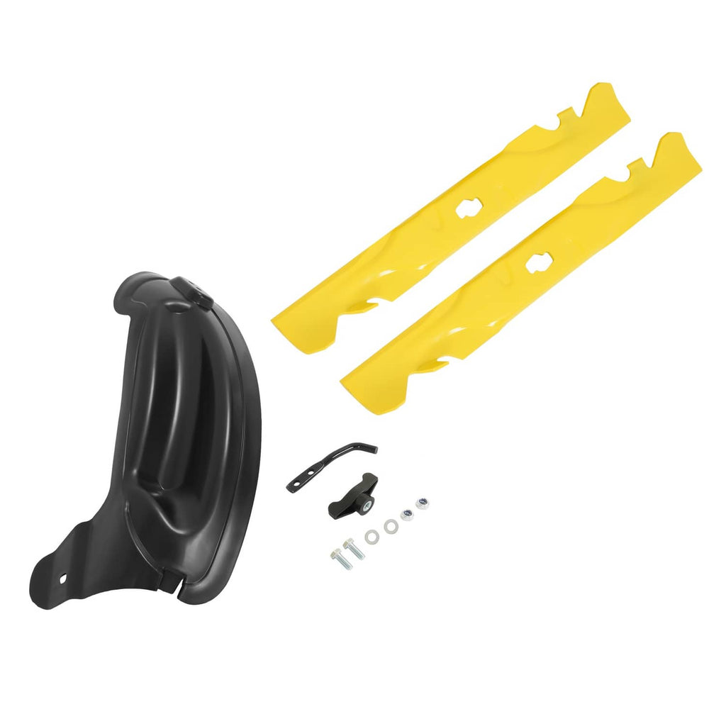 Mulching blade kit with black deflector, two yellow blades, and mounting hardware