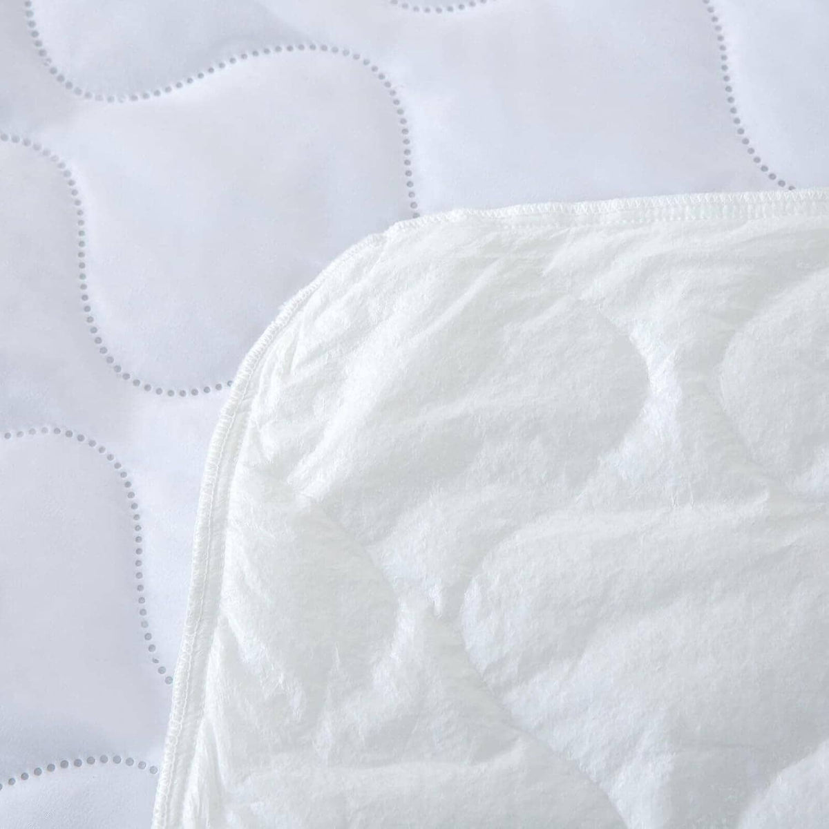 Waterproof mattress protector pad, white quilted top with stitched corner edge