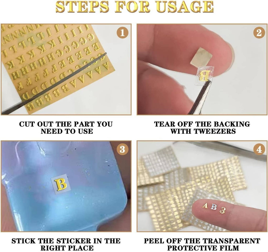Gold letter and number sticker sheets with easy application steps