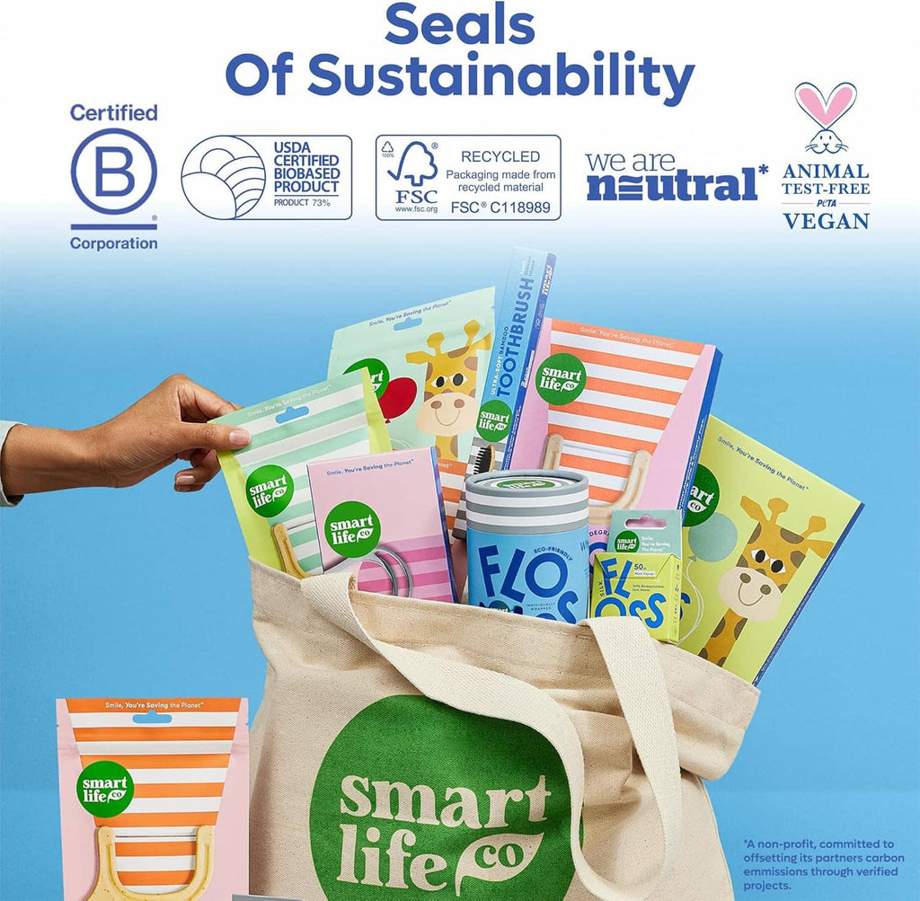 Eco-friendly floss pick pouches in a reusable tote bag, sealed sustainability icons