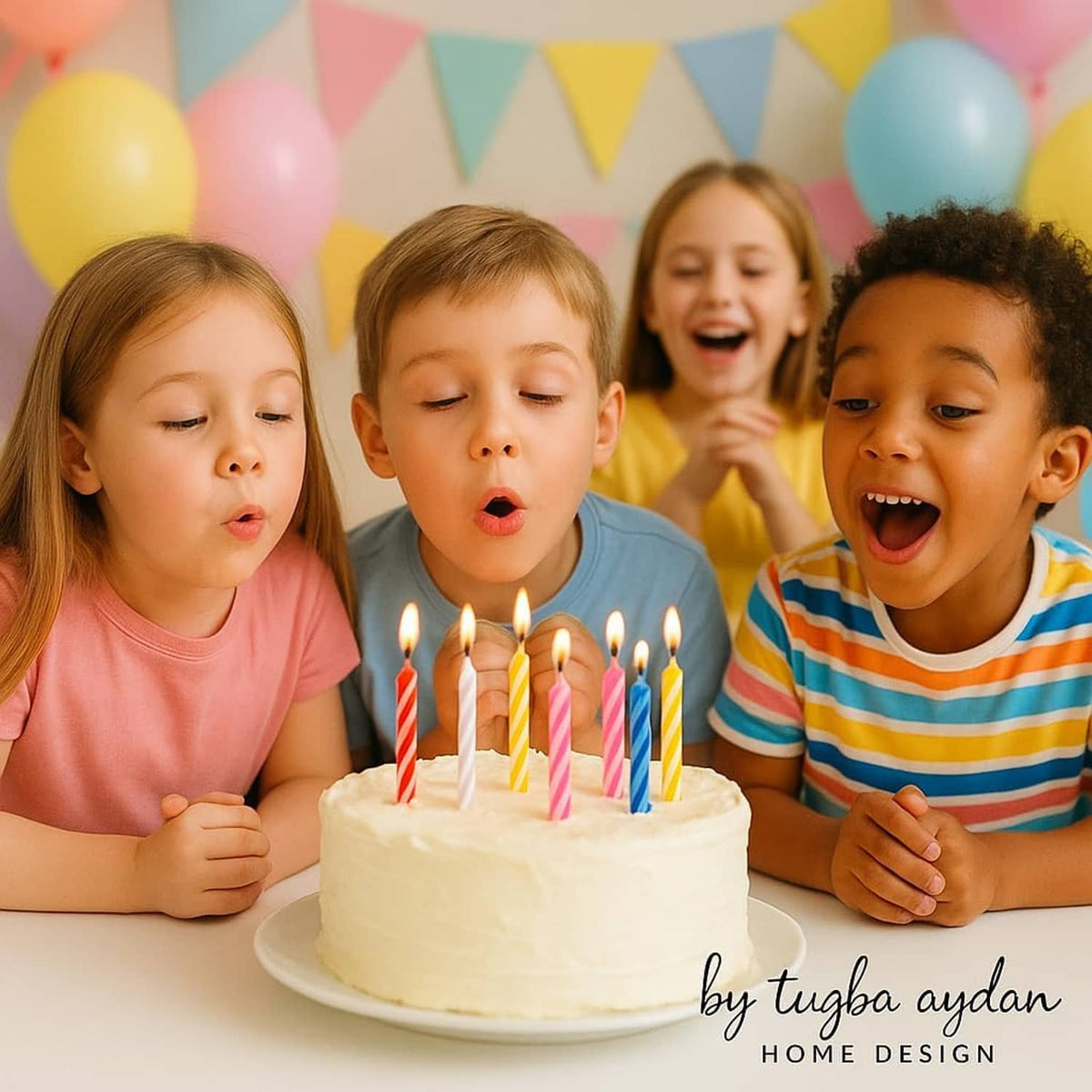 Group of lit striped birthday candles in pink, red, yellow, and blue on cake