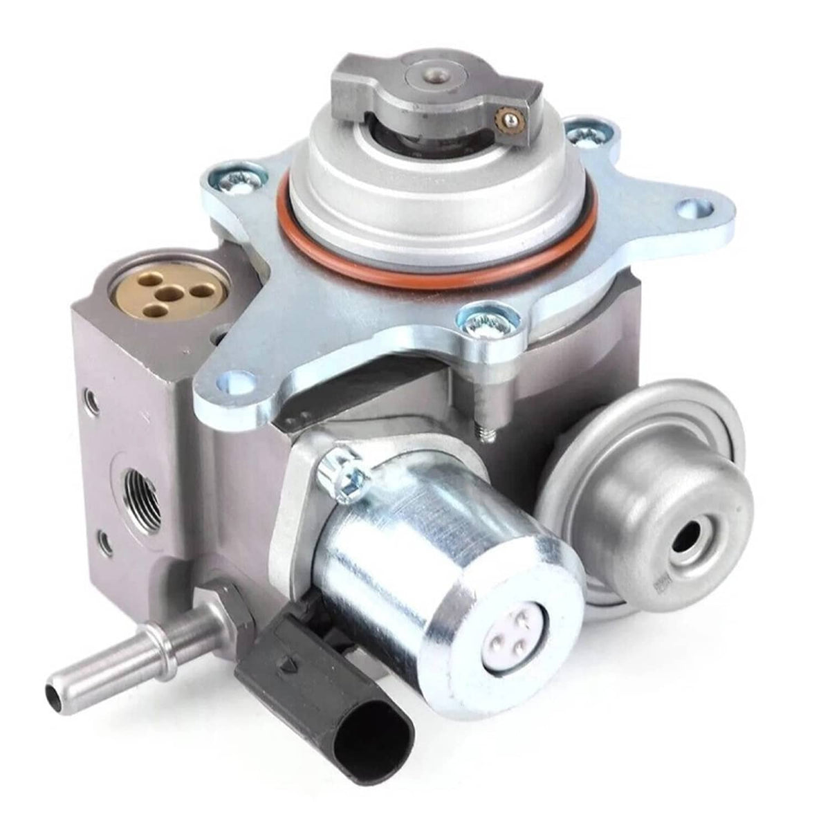 High-pressure fuel pump with metal housing, sensor port, round solenoid, and mounting bracket