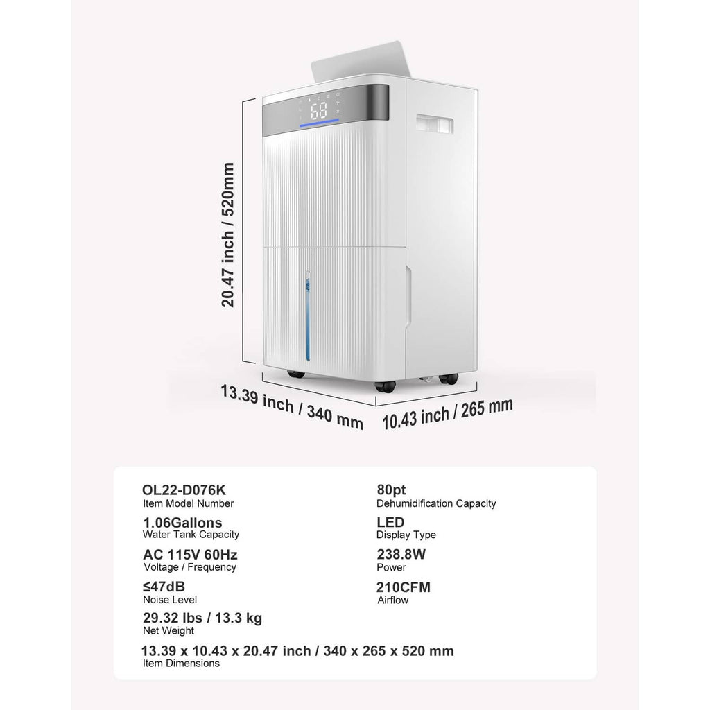 White dehumidifier with height and dimension labels and front LED display