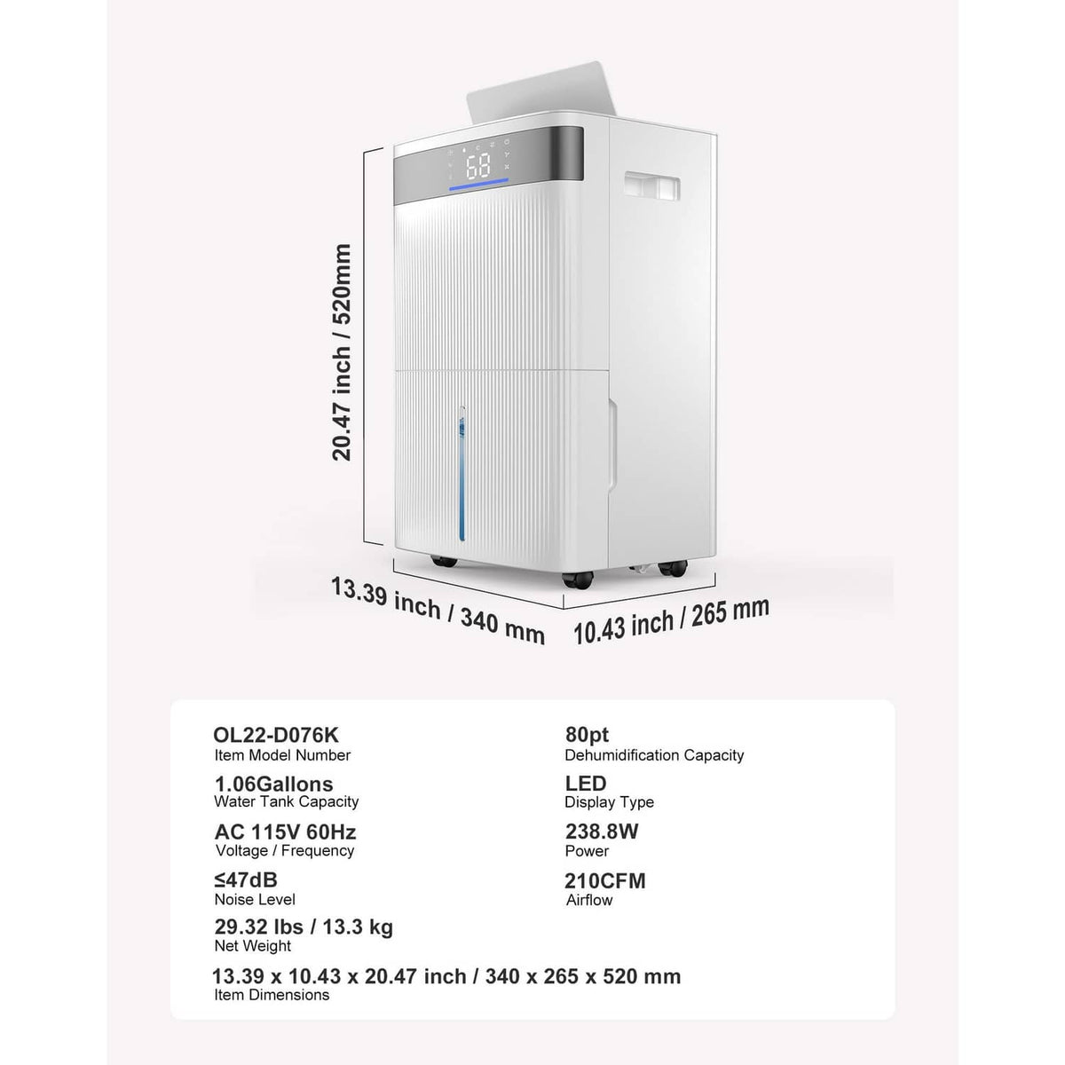 White dehumidifier with height and dimension labels and front LED display