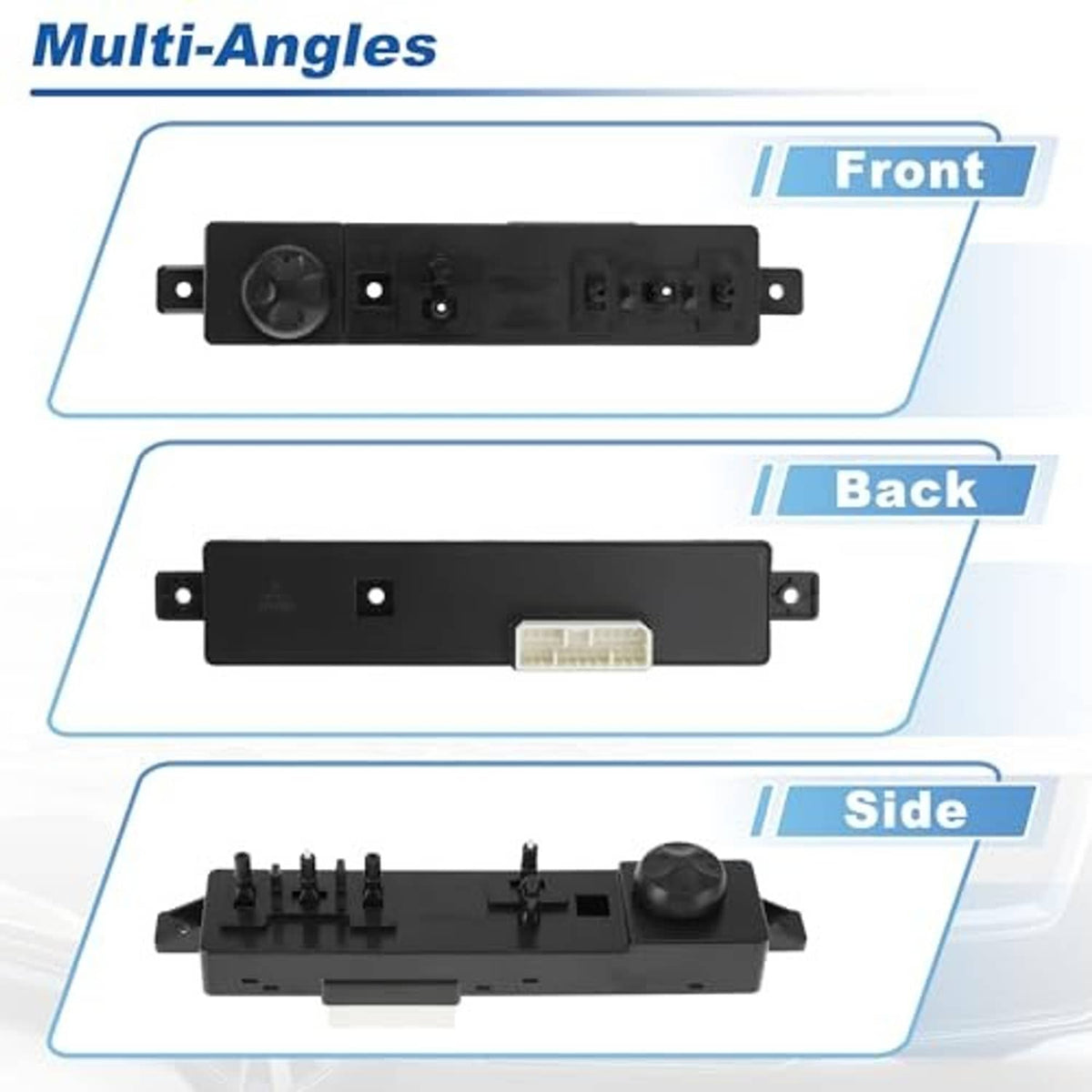 Multi-angle view of black power seat switch with knob, front and back connector areas