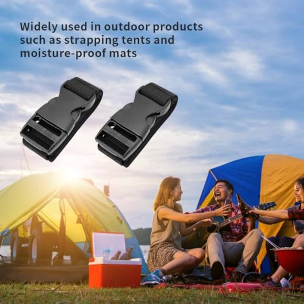 Two black nylon tie-down straps with buckles, for outdoor tent or mat strapping