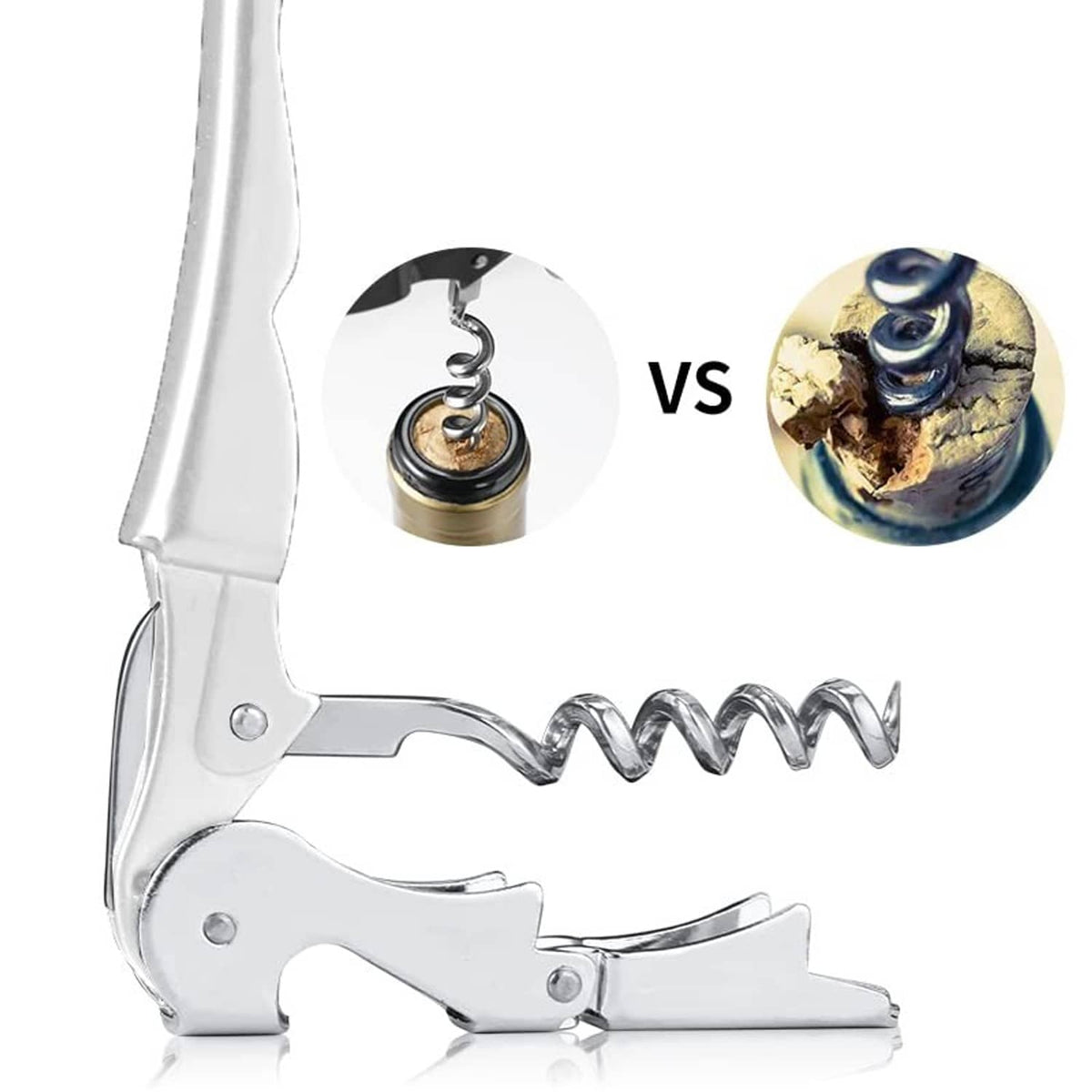 Waiter corkscrew with coiled spiral opener and chrome levers, white handle, close-up