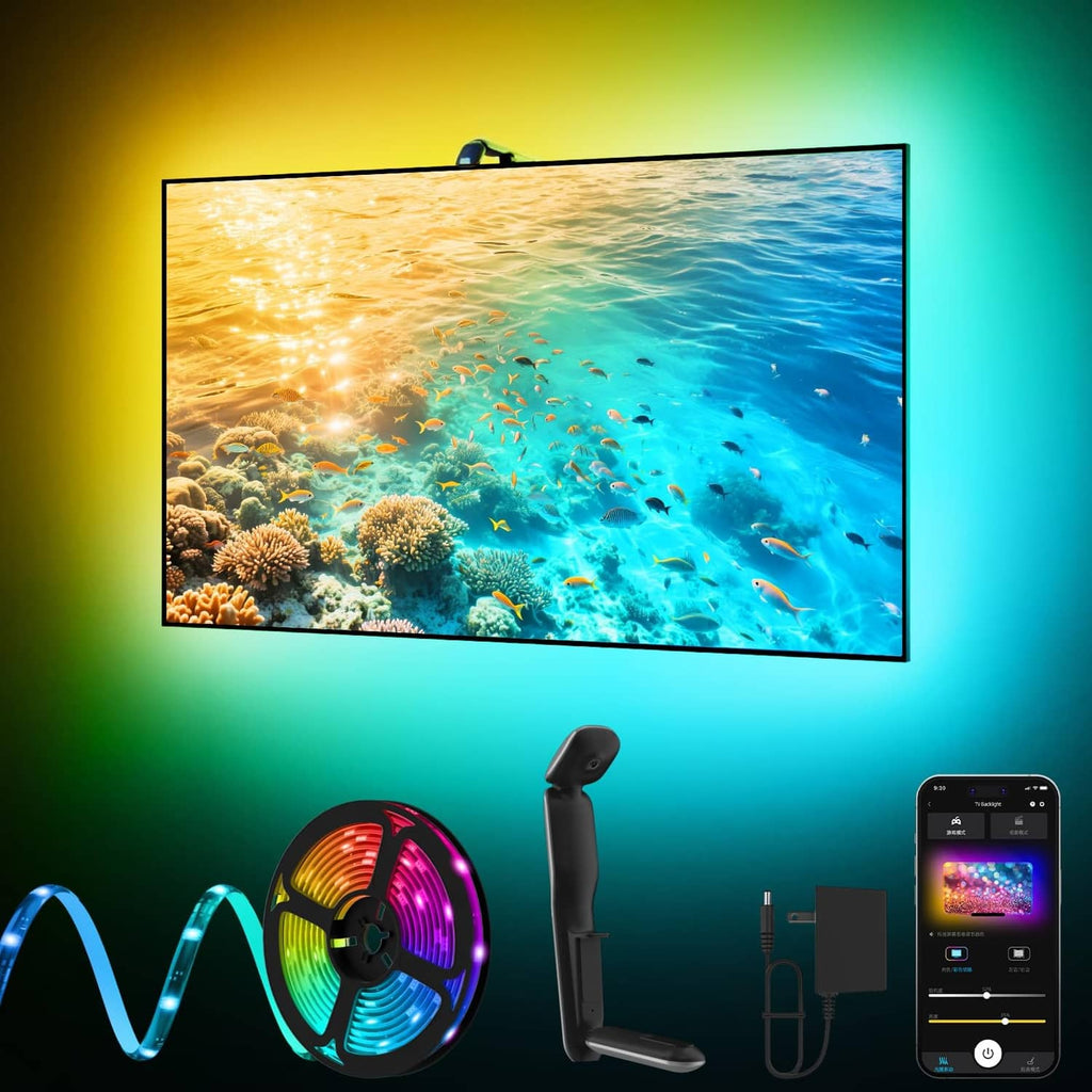 Multicolor LED TV backlight strip with sync controller near flat-screen TV