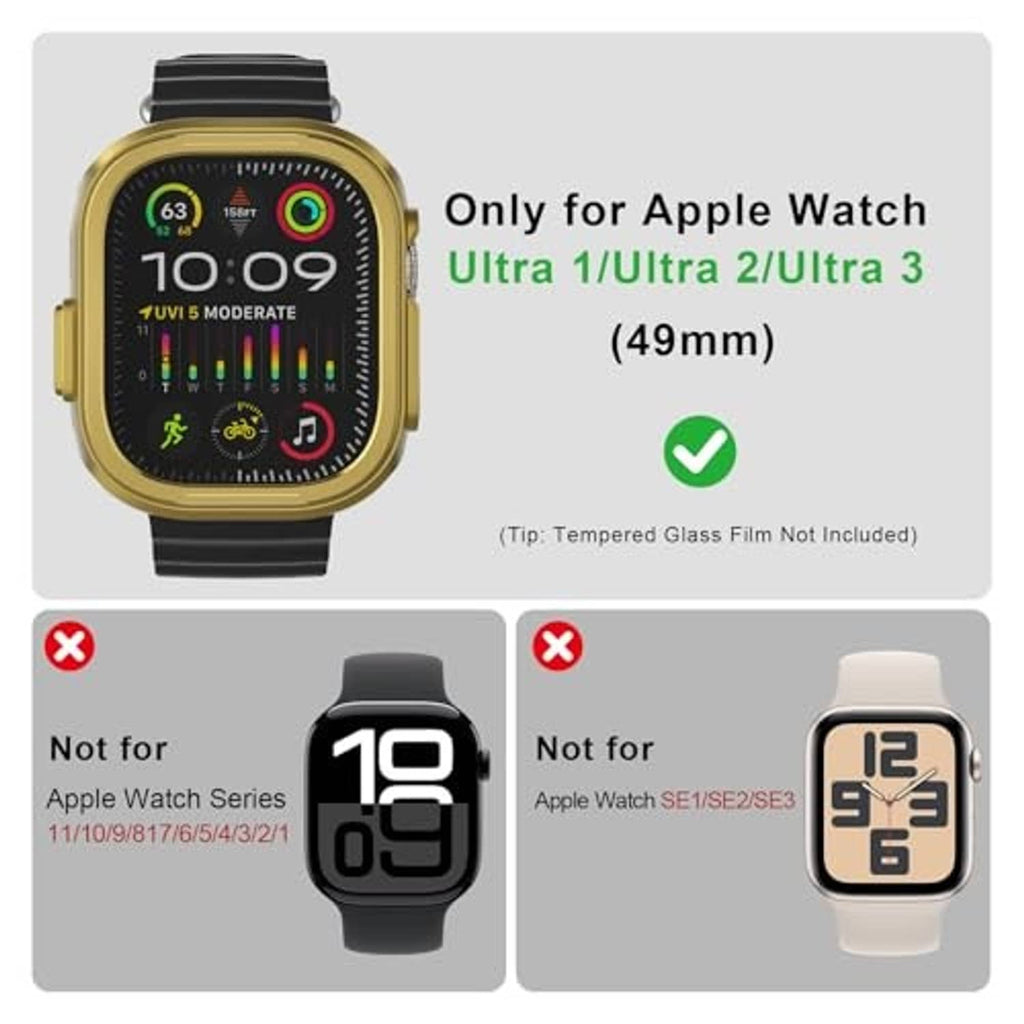 Gold smartwatch case with black band for Apple Watch Ultra 49mm, front view.