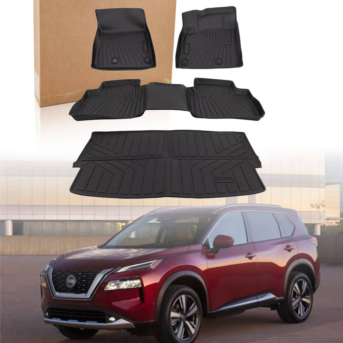 Black vehicle floor mat set with center connector and rear cargo liner