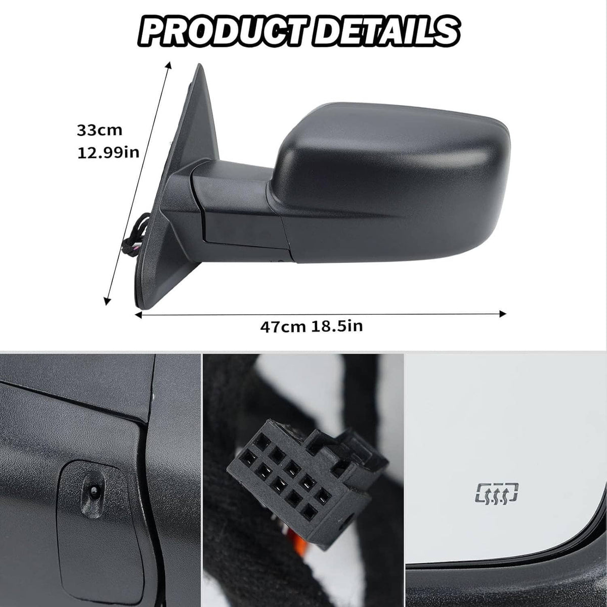 Left driver-side heated side mirror with cable connector and product detail views