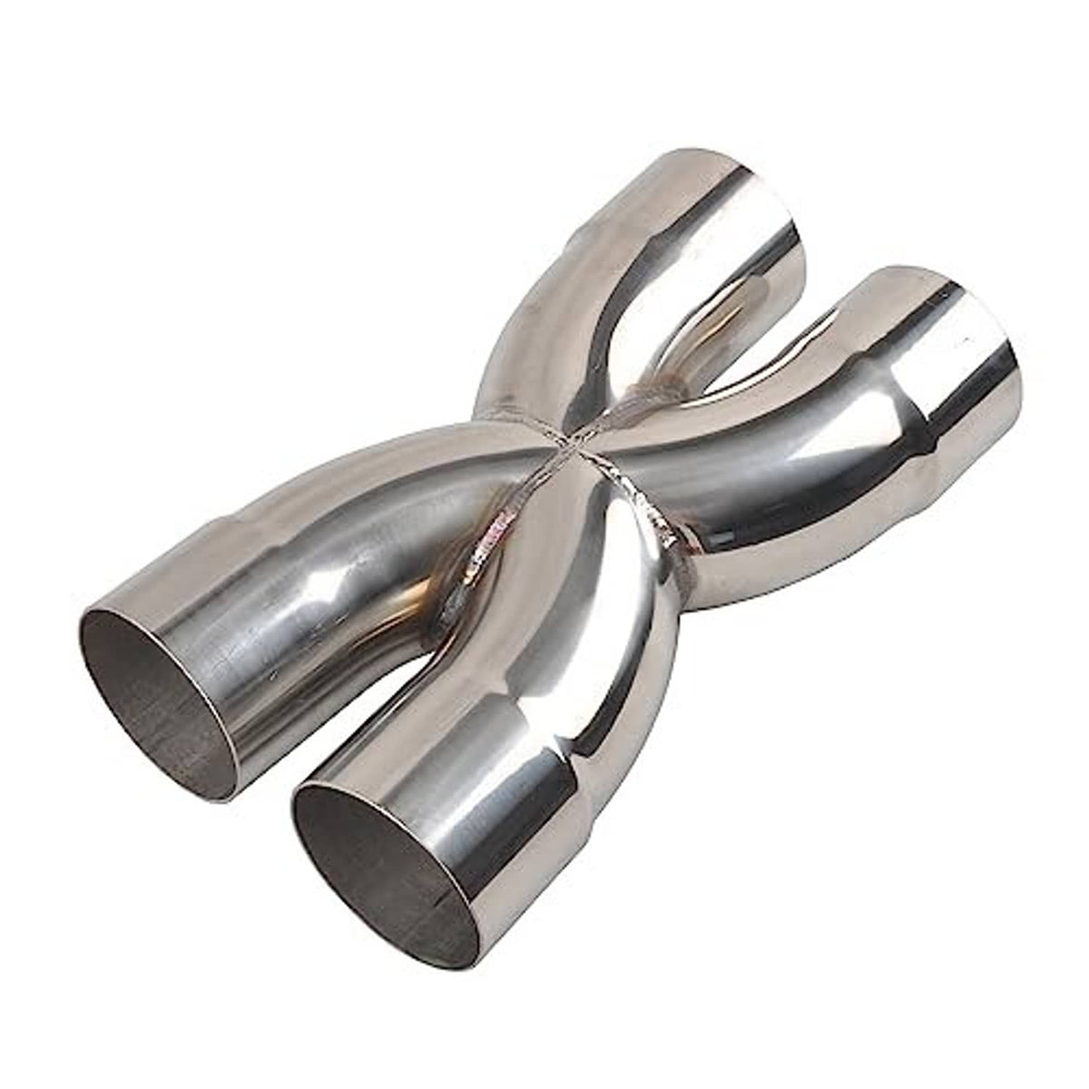 Polished stainless steel X-crossover exhaust pipe, two angled outlet ends