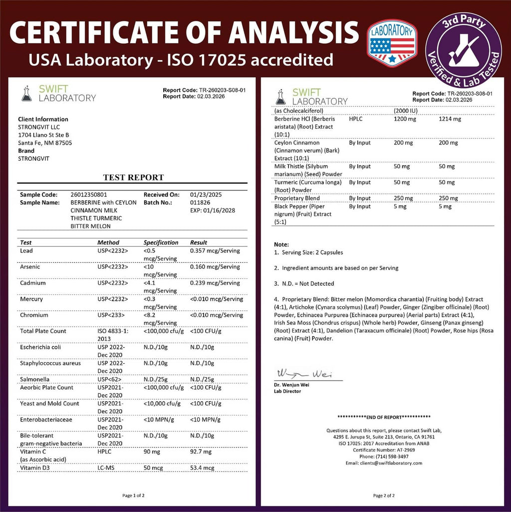 Certificate of Analysis document for StrongVit berberine supplement ingredients