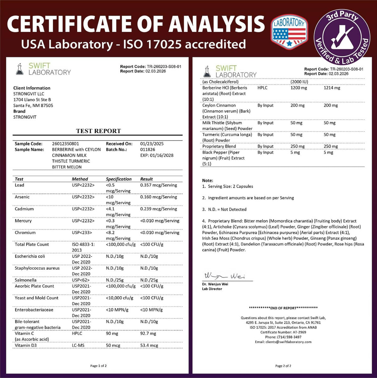 Certificate of Analysis document for StrongVit berberine supplement ingredients