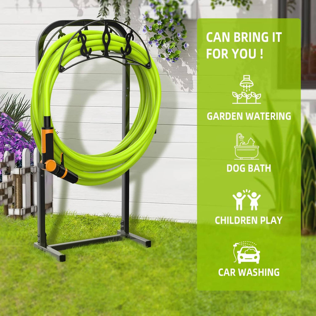 Freestanding hose holder with lime green hose, black stand, and four hanging loops