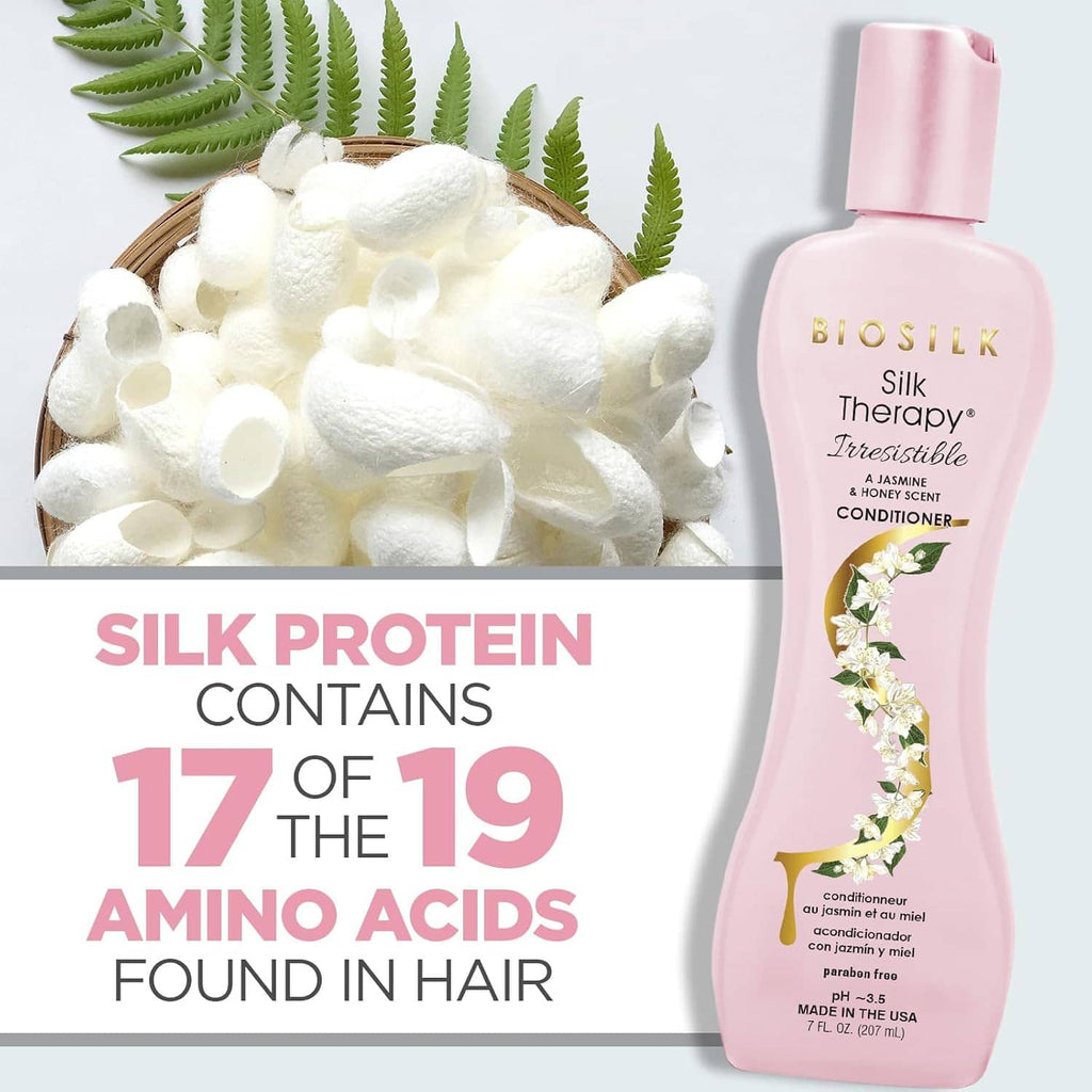 Biosilk Silk Therapy Irresistible conditioner bottle with silk protein graphic