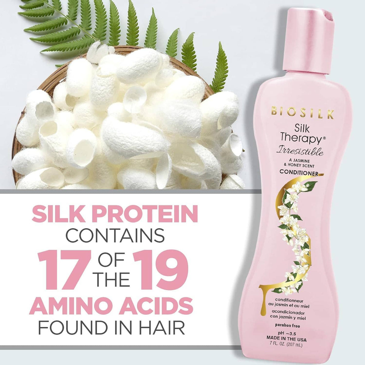 Biosilk Silk Therapy Irresistible conditioner bottle with silk protein graphic