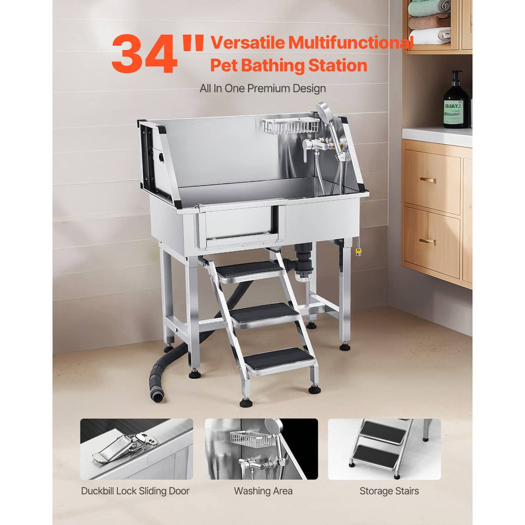 Stainless steel pet grooming tub with storage steps, drainage hose, and faucet