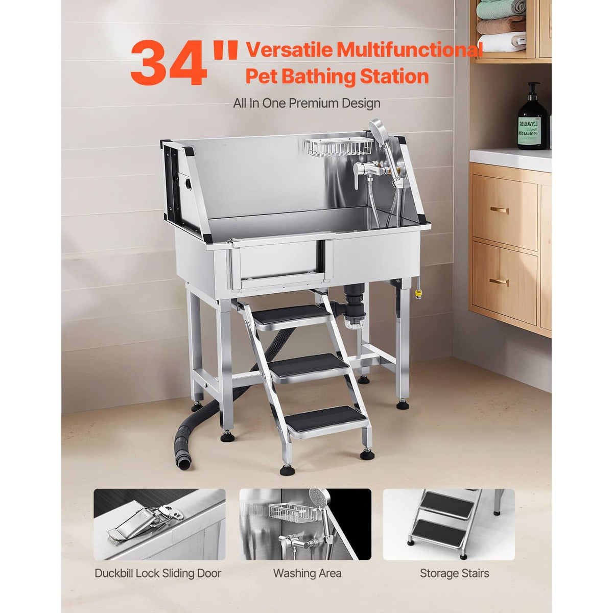 Stainless steel pet grooming tub with storage steps, drainage hose, and faucet