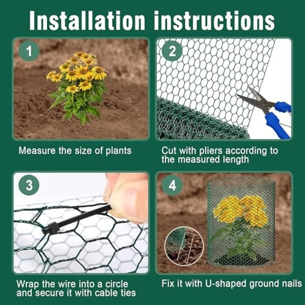 Metal chicken wire plant protector roll with U-shaped ground nails, cable ties, pliers
