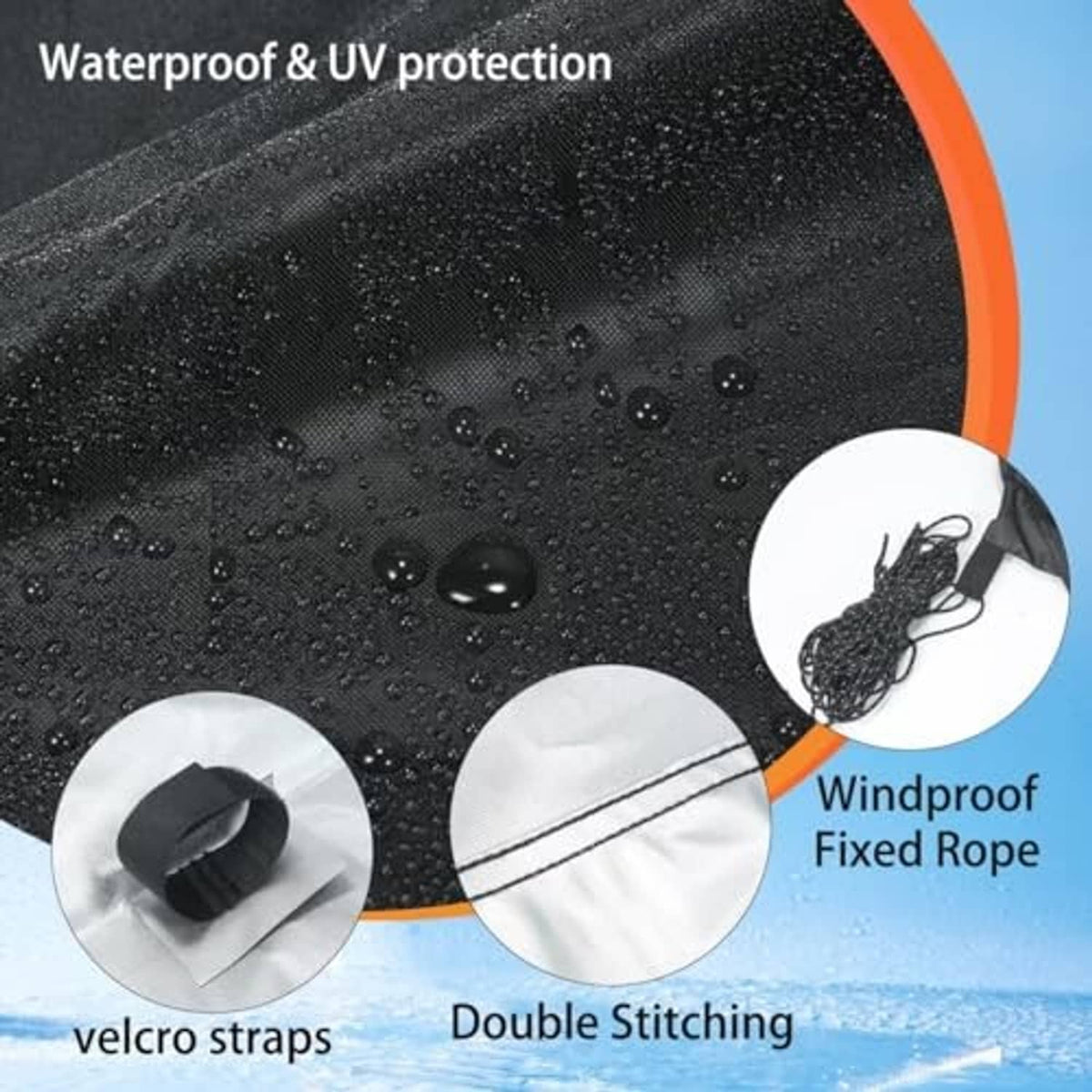 Black waterproof canopy top fabric with droplets; windproof fixed rope and velcro straps