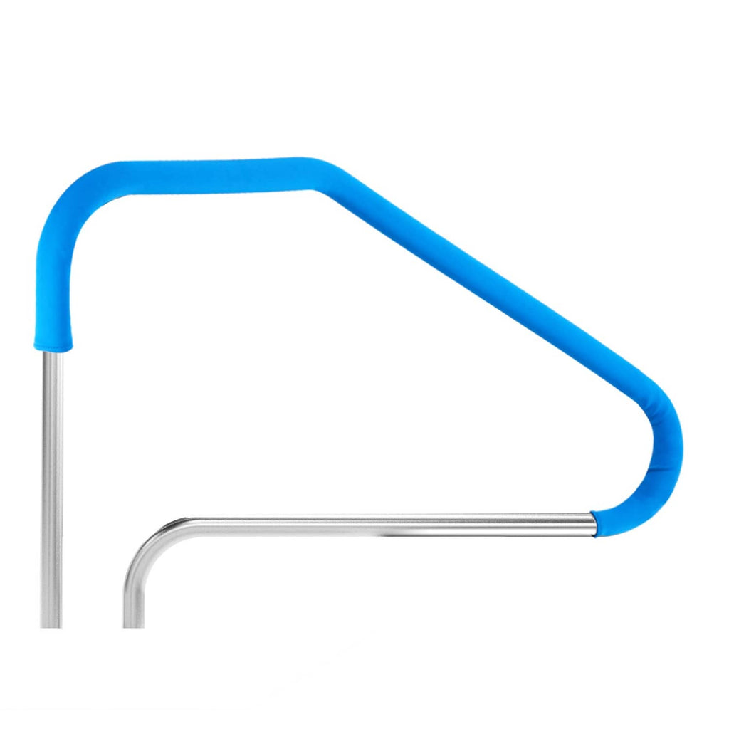 Close-up of blue grip and silver stainless steel pool handrail curved frame