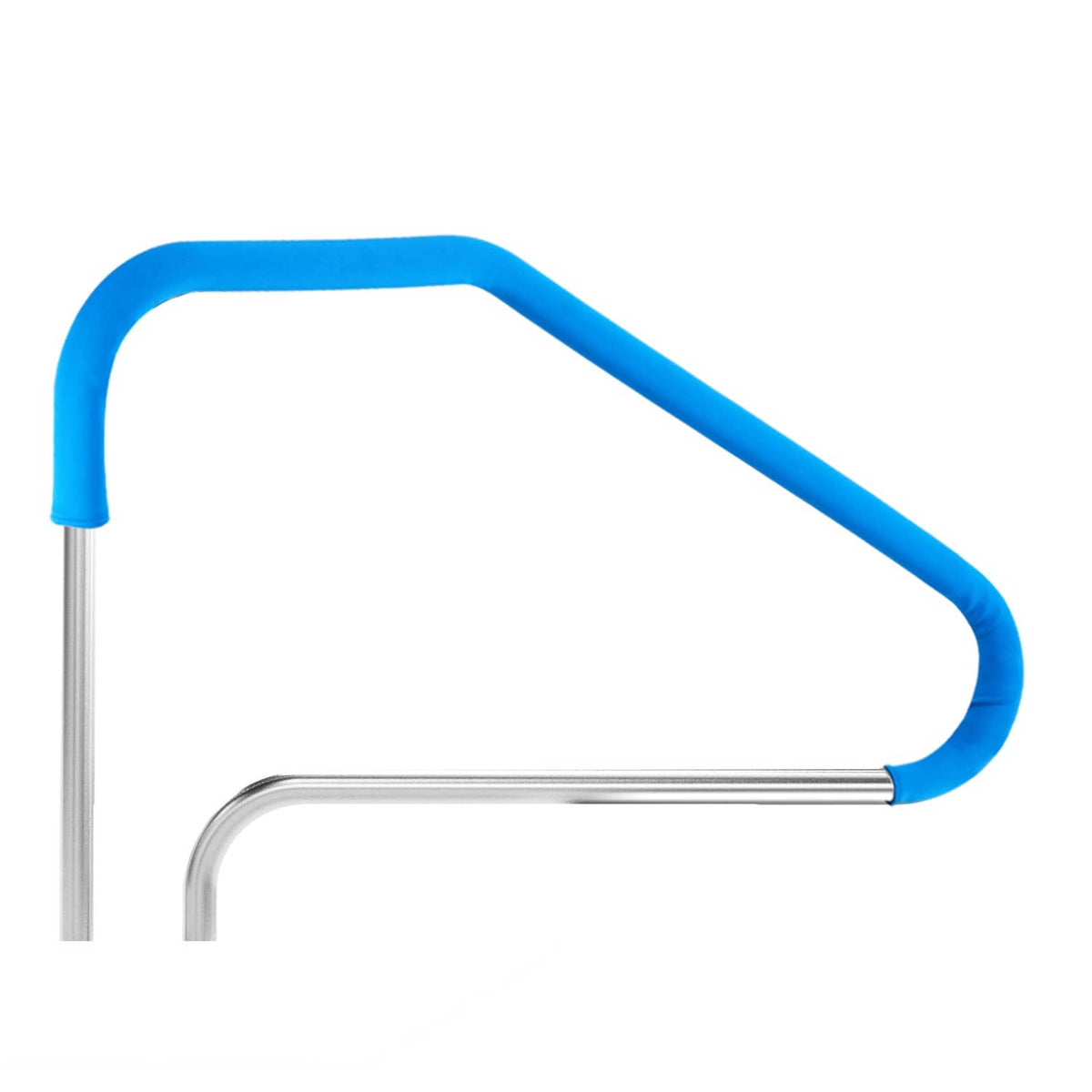 Close-up of blue grip and silver stainless steel pool handrail curved frame