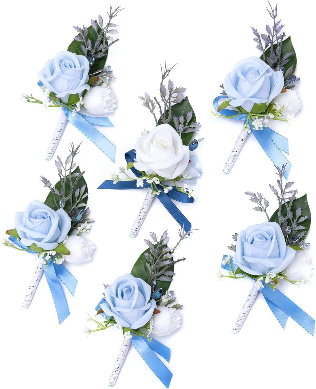 Set of six blue rose and white flower boutonnieres with light blue ribbon ties