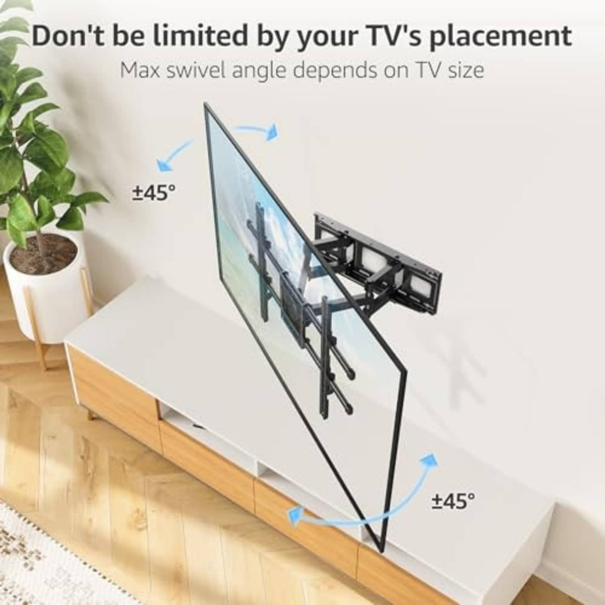 Full motion TV wall mount with pivoting arms angled for a flat-screen TV viewing position