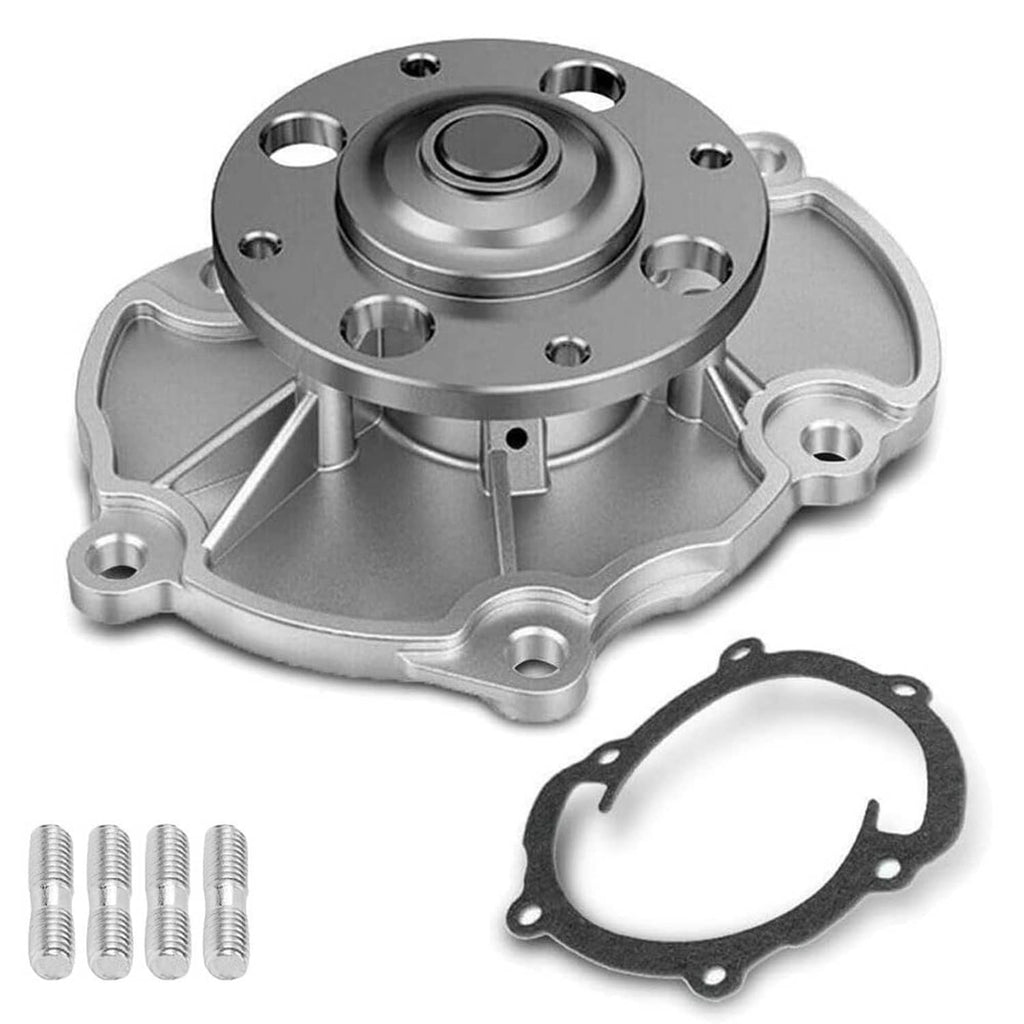 Automotive water pump kit with metal housing, gasket, and mounting bolts
